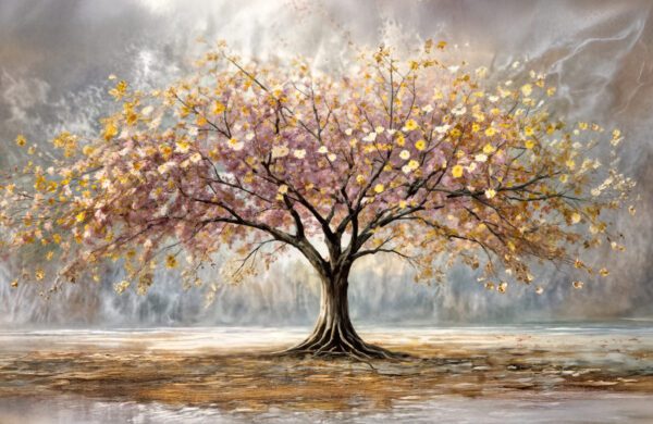 Zoom del cuadro Árbol de la Vida pintado al óleo, mostrando detalle de colores y texturas en lienzo