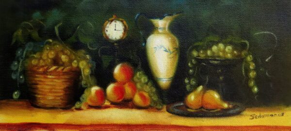 Detalle de la pintura al óleo con frutas, mostrando la textura y pincelada del bodegón de Jesús Sedamanos.