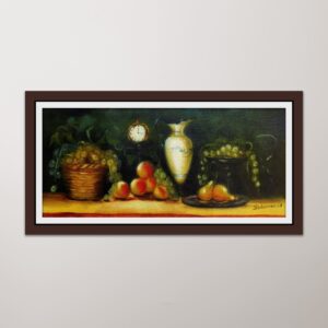 Bodegón al óleo con frutas, uvas y jarrón, pintado a mano por Jesús Sedamanos.