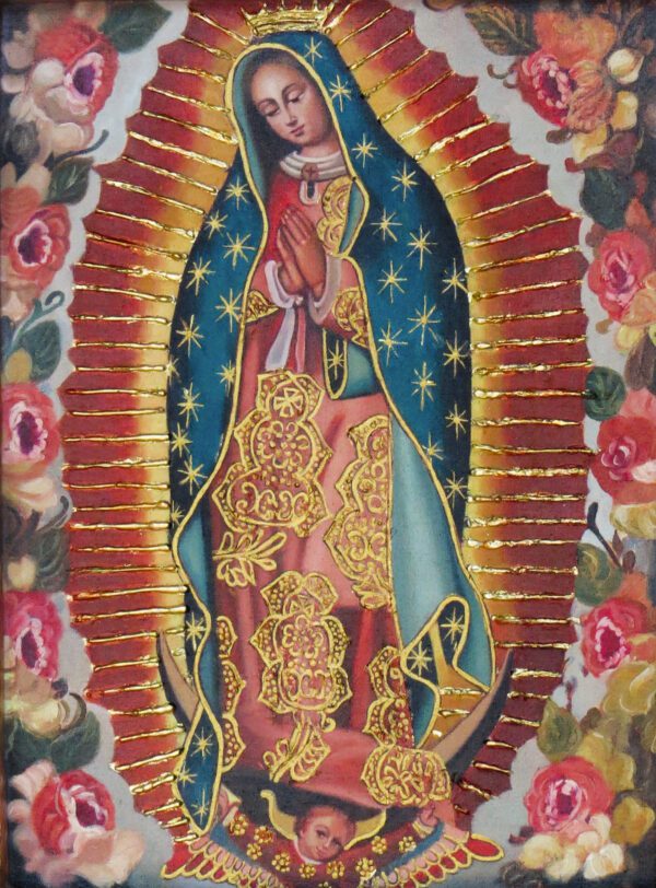 Virgen de Guadalupe – Pintura Cusqueña con Marco Tallado - Imagen 2
