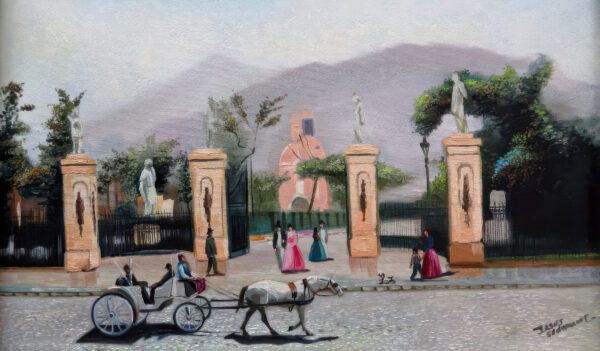 Pintura al óleo de la Alameda de los Descalzos en Lima antigua, cuadro decorativo de arte peruano.