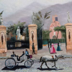 Plano detalle de pintura al óleo de la Alameda de los Descalzos en Lima antigua, cuadro decorativo de arte peruano.