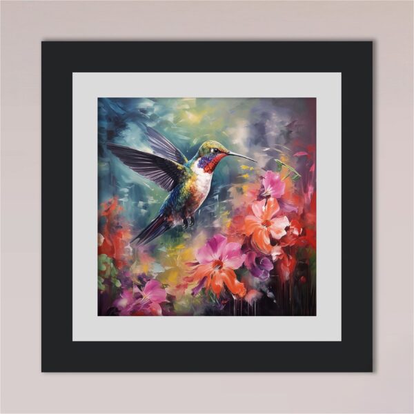 Pintura del colibrí al óleo en lienzo, presentada con marco negro elegante, rodeada de flores coloridas