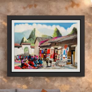 Cuadro al óleo “Mercado de Cusco” enmarcado, decoración de sala moderna con arte peruano pintado a mano.