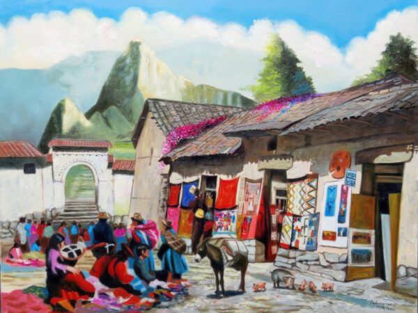 Pintura al óleo “Mercado de Cusco”, obra peruana pintada a mano con escena andina y artesanías del Cusco, vista en primer plano