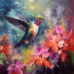 Cuadro artístico de un colibrí pintado al óleo, rodeado de flores de colores vibrantes en lienzo decorativo