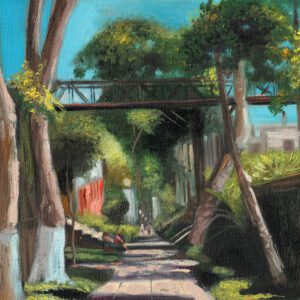 Cuadro al óleo de la Bajada de los Baños en Barranco, Lima, pintado a mano sobre lienzo. Obra artística decorativa ideal para ambientes modernos