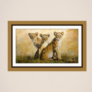 Cuadro al óleo de tres leones jóvenes titulado Tres Hermanos, ideal como cuadro decorativo moderno para sala o comedor