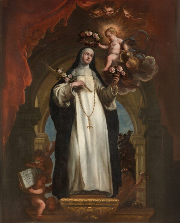 Detalle de pintura cusqueña de Santa Rosa de Lima al óleo, inspirada en Claudio Coello, con marco tallado