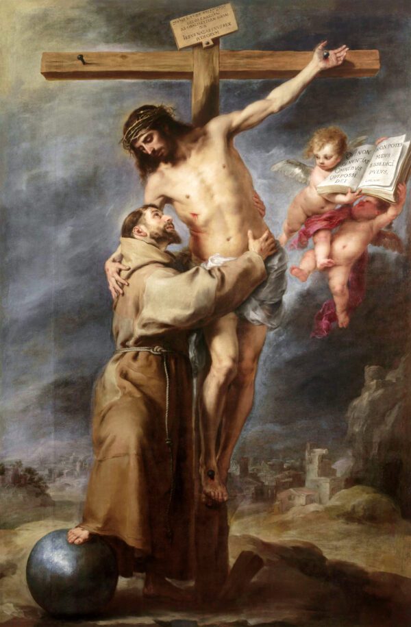 Cuadro al óleo San Francisco abrazando a Cristo en la Cruz, reproducción de Murillo, pintura religiosa clásica