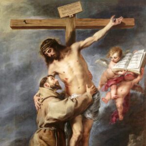 Detalle del cuadro al óleo San Francisco abrazando a Cristo en la Cruz, reproducción de Murillo