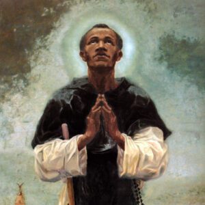 San Martín de Porres al óleo, de pie en oración con perro y gato a sus pies, en un fondo con arquitectura religiosa, representando su humildad y milagros