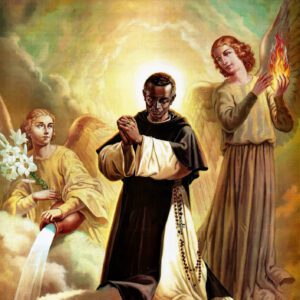 Detalle de La Glorificación de San Martín de Porres, pintura al óleo de Fausto Conti, preparada para la canonización en San Pedro de Roma. San Martín aparece con ángeles, el océano Pacífico y la cordillera de los Andes. Obra religiosa en el convento de Santo Domingo de Lima