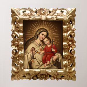 Virgen María de la Merced en estilo cusqueño, cuadro religioso con fino marco tallado artesanal