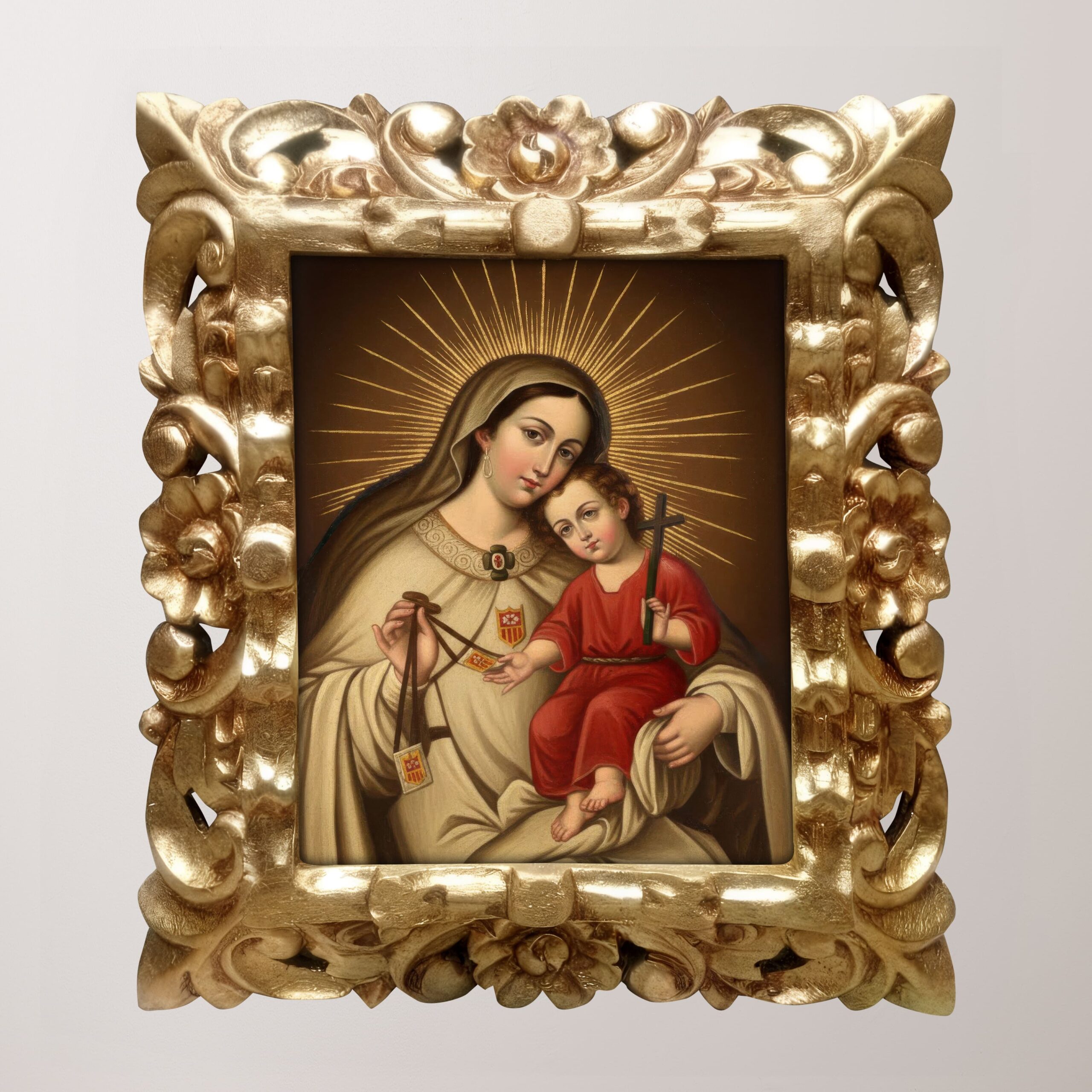 Virgen María de la Merced en estilo cusqueño, cuadro religioso con fino marco tallado artesanal