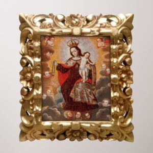 Cuadro cusqueño de la Virgen del Carmen con marco tallado dorado, arte religioso andino