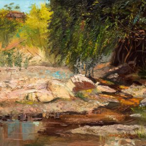 Cuadro decorativo al óleo titulado En el bosque, pintura hecha a mano de Sedamanos Art en Perú