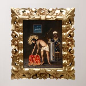 Pintura del Señor de Huanca con marco dorado, representando la pasión de Cristo, arte religioso Cusqueño en óleo sobre lienzo