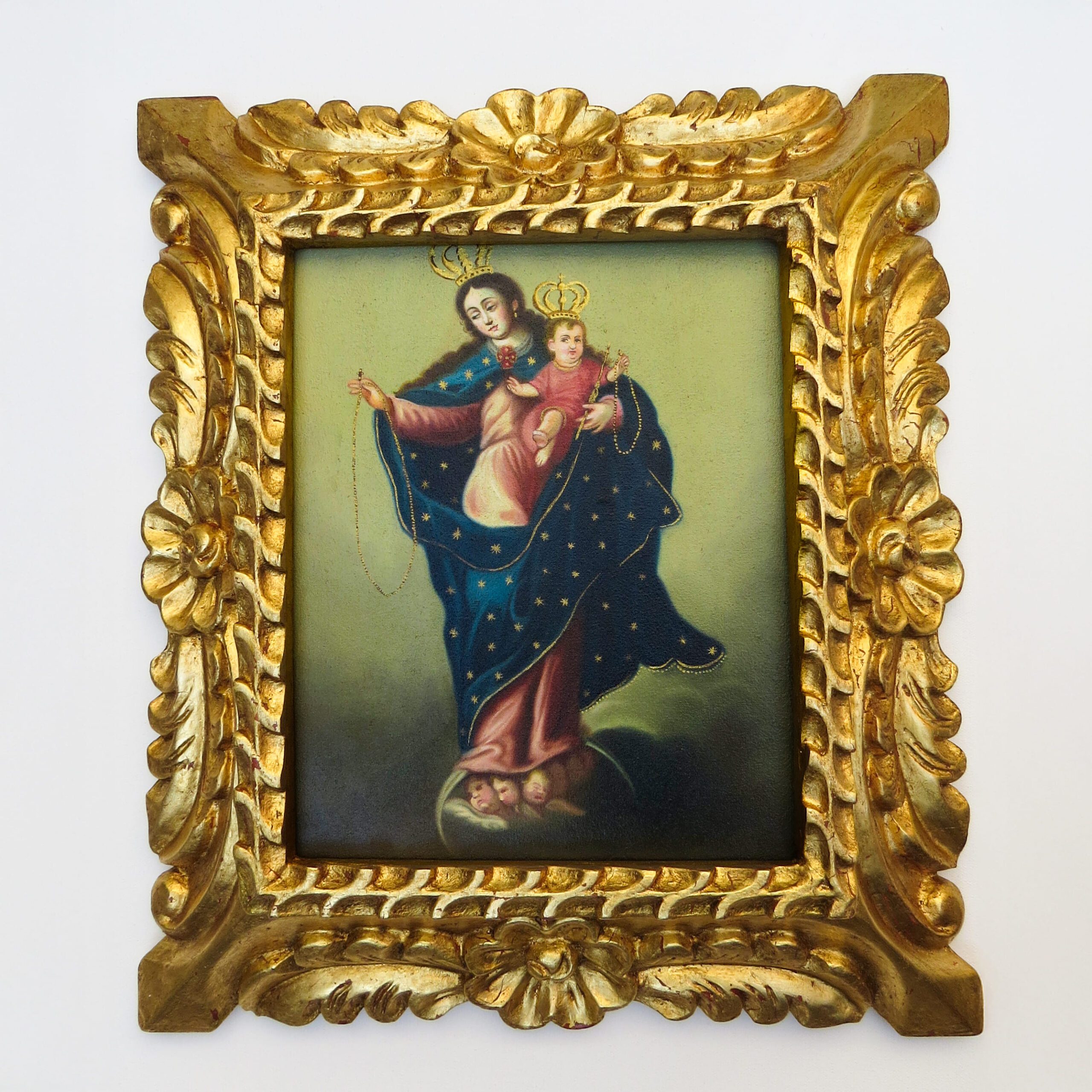 Pintura religiosa cusqueña de la Virgen María y el Niño en óleo sobre lienzo en Lima Peru vendido por Sedamanos Art