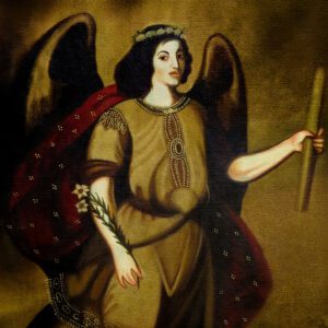 Arcángel Gabriel, obra de arte religiosa al óleo estilo cusqueño en lienzo, cuadro decorativo para galería y venta de arte de lima Perú