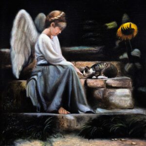 Cuadro al óleo original “El Hada y el Gato” de Sedamanos Art, escena mágica con hada sentada y gato descansando, ideal como cuadro decorativo.