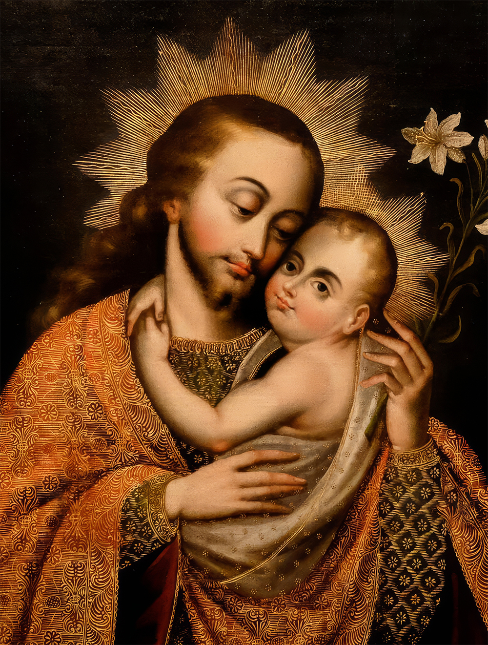 Detalle de San José con el Niño Jesús en pintura colonial cusqueña, cuadro religioso pintado a mano sobre lienzo
