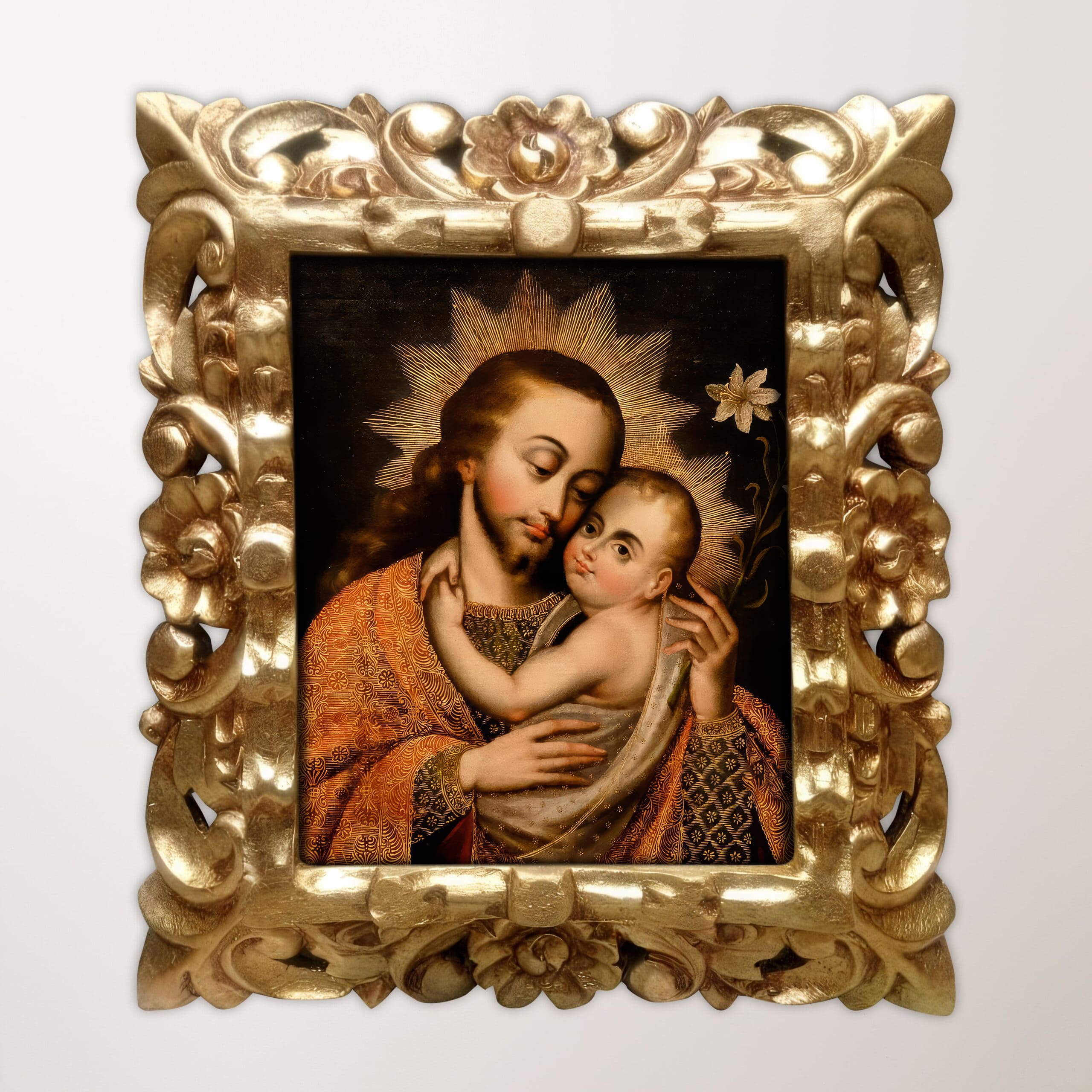 San José con el Niño Jesús, pintura cusqueña colonial con marco tallado, cuadro religioso pintado a mano en lienzo