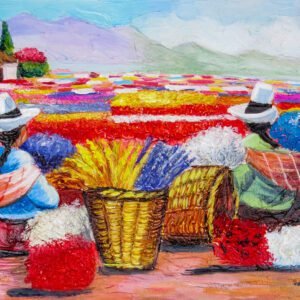 Pintura mujeres andinas recolectando flores en un campo de flores del paisaje andino, paisaje peruano, peruvian landscape
