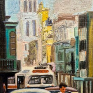 Cuadro peruano urbano al óleo de Jr. Trujillo en Lima pintado a mano