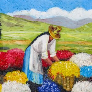 Mujer Andina Recolectando Flores – Cuadro Decorativo Andino
