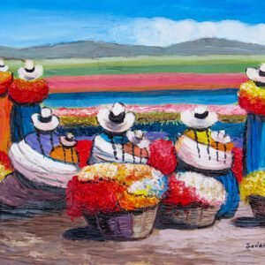 Recolectoras de flores andinas con mujeres campesinas en paisaje andino colorido