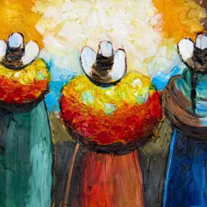 Tres mujeres andinas con flores en campo andino, pintura andina peruana contemporánea de Sedamanos Art