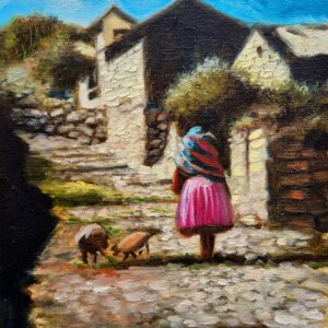 Vida en los Andes | Cuadro peruano de paisaje andino pintado a mano