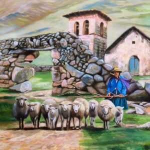 Camino Andino I pintura al óleo peruana de mujer andina con ovejas en paisaje natural cuadro decorativo en lienzo hecho en Perú