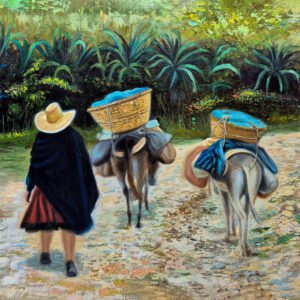Pintura al óleo de Cajamarca en lienzo con escena andina de mujeres caminando junto a animales de carga en paisaje rural peruano