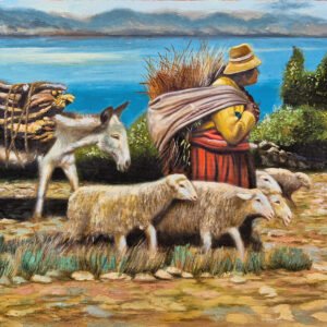 Cuadro andino cuadrado en lienzo Regresando del Campo con paisaje rural peruano y campesina con animales