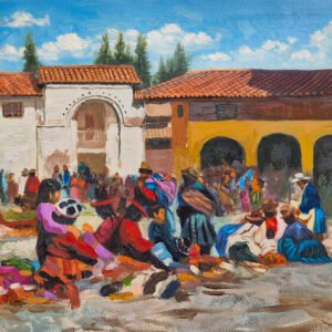 Cuadro decorativo mercado andino en Cusco – Arte peruano en lienzo