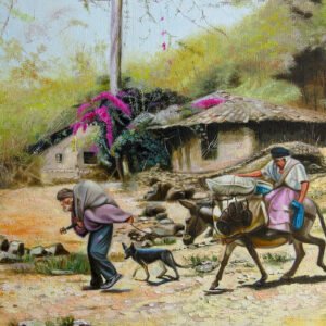 Cuadro La Huida pintura al óleo peruana, obra decorativa en lienzo que representa escena andina durante el COVID