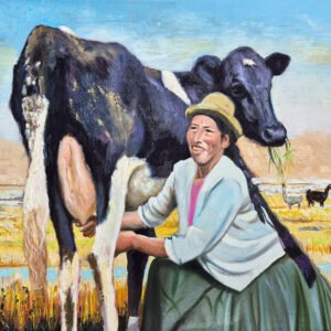 cuadro la lechera andina ordeñando vaca arte costumbrista peruano en lienzo