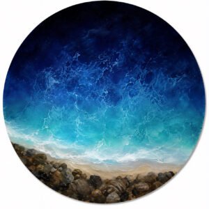 Cuadro circular de playa pintado a mano con paisaje marino, mar azul, olas y rocas decorativo para sala.