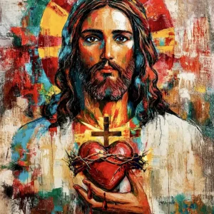 Sagrado Corazón de Jesús en cuadro religioso moderno al óleo sobre lienzo