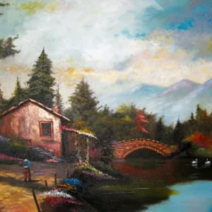 Cuadro decorativo de paisaje de lago y montañas al óleo sobre lienzo para sala