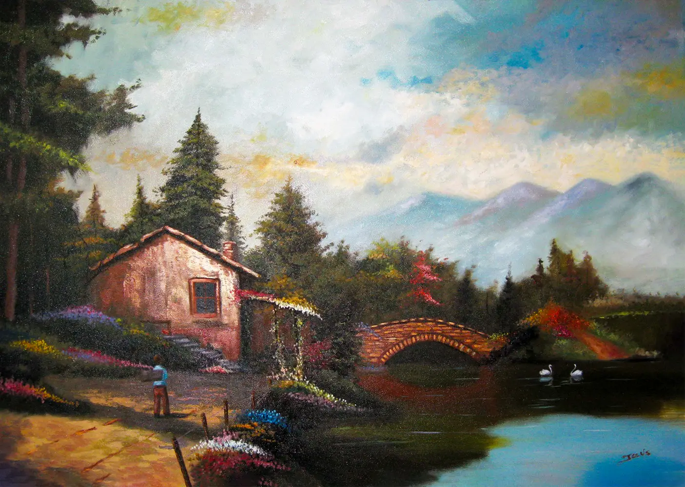 Cuadro decorativo de paisaje de lago y montañas al óleo sobre lienzo para sala