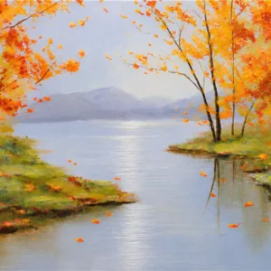 Cuadro decorativo de paisaje otoñal al óleo sobre lienzo con bosque y lago