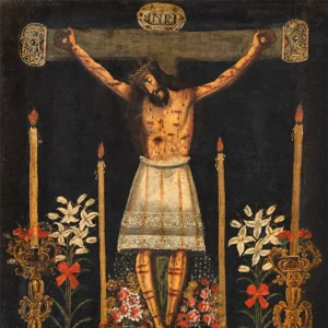 Pintura del Señor de los Temblores o Taytacha Temblores, representación de Cristo crucificado de la Escuela Cusqueña, disponible como réplica al óleo en Sedamanos Art.