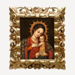 Virgen María con el Niño Jesús en pintura cusqueña con marco tallado