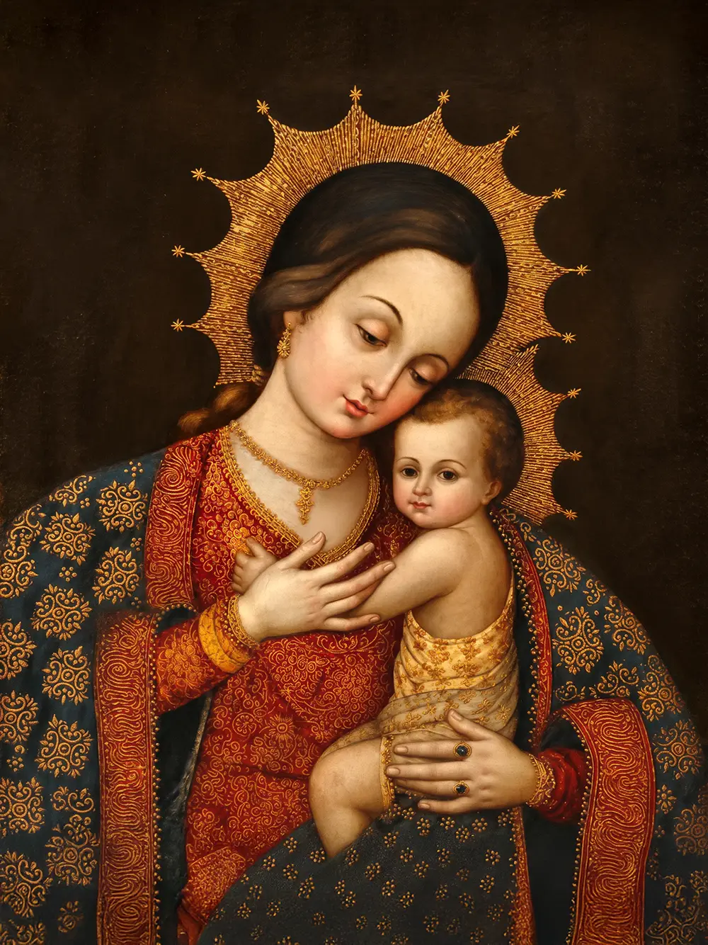 Pintura cusqueña de la Virgen María con el Niño Jesús realizada en óleo